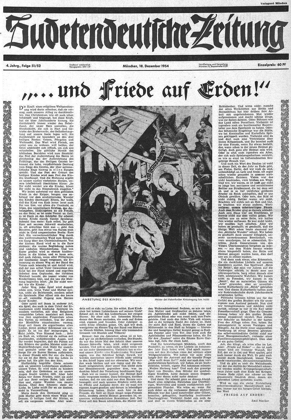 Titulní strana vánočního čísla Sudetendeutsche Zeitung s jeho textem a obrazem, který je jako dílo Mistra vyšebrodského označen ovšem mylně