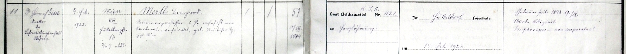 Záznam o jeho úmrtí v matrice vídeňské farnosti Hütteldorf