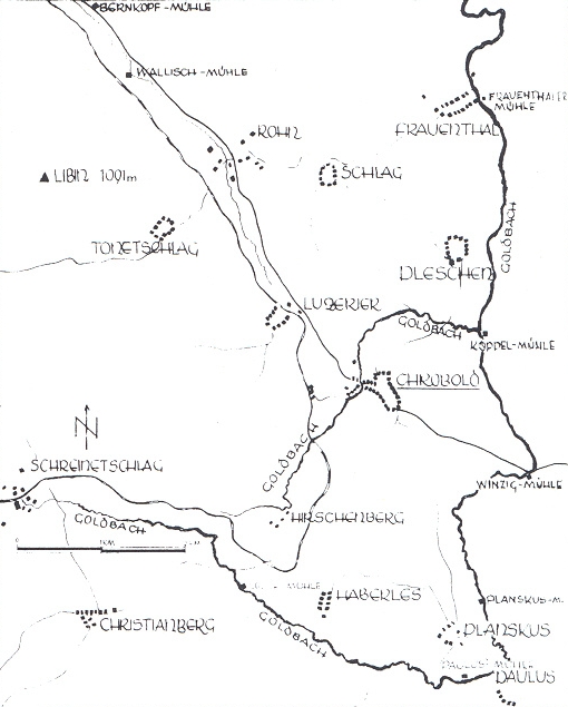 Mapka okolí Chrobol se dvěma potoky téhož jména "Goldbach"