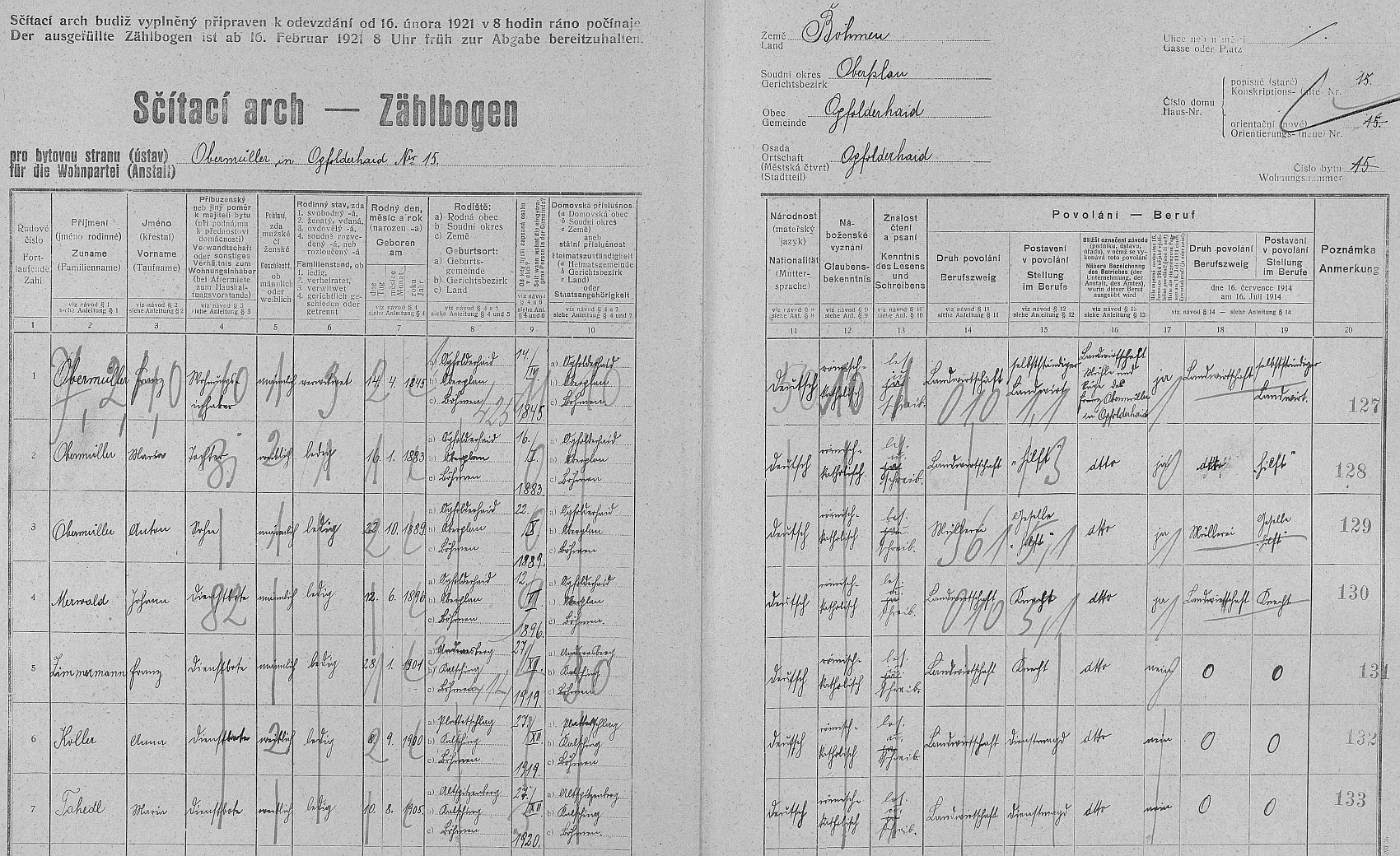 Arch sčítání lidu z roku 1921 pro dům čp. 15 v Jablonci i s ním