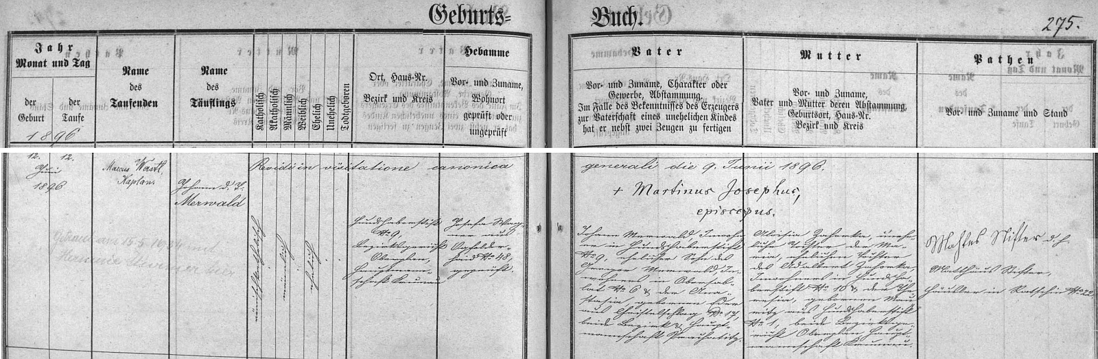 Záznam o narození Johanna Merwalda v křestní matrice farní obce Jablonec s přípisem o tamní svatbě v květnu 1934