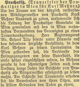 Zpráva o smuteční slavnosti německé "Prachatické obce" ve Vídni k uctění Messnerovy památky