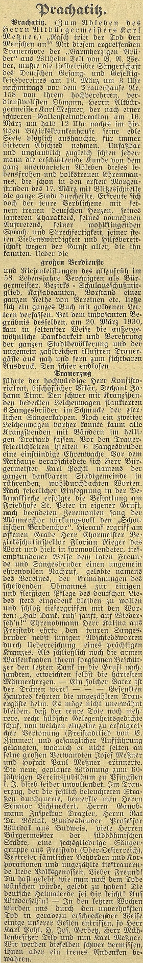 O významu Messnerově pro město Prachatice svědčí i tento jeho obsáhlý nekrolog na stránkách budějovického německého listu