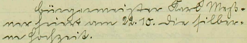 Záznam o jeho stříbrné svatbě, kterou slavil jako prachatický purkmistr 22. října 1926, v městské kronice