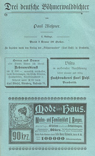 Inzerát na jeho knihu na obálce časopisu Der Böhmerwald (č. 9, 1905)