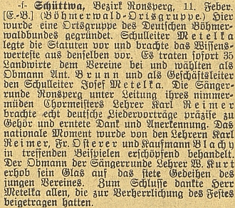 Zpráva o založení místní skupiny Deutscher Böhmerwaldbund v Šitboři roku 1909, s ním jako jednatelem