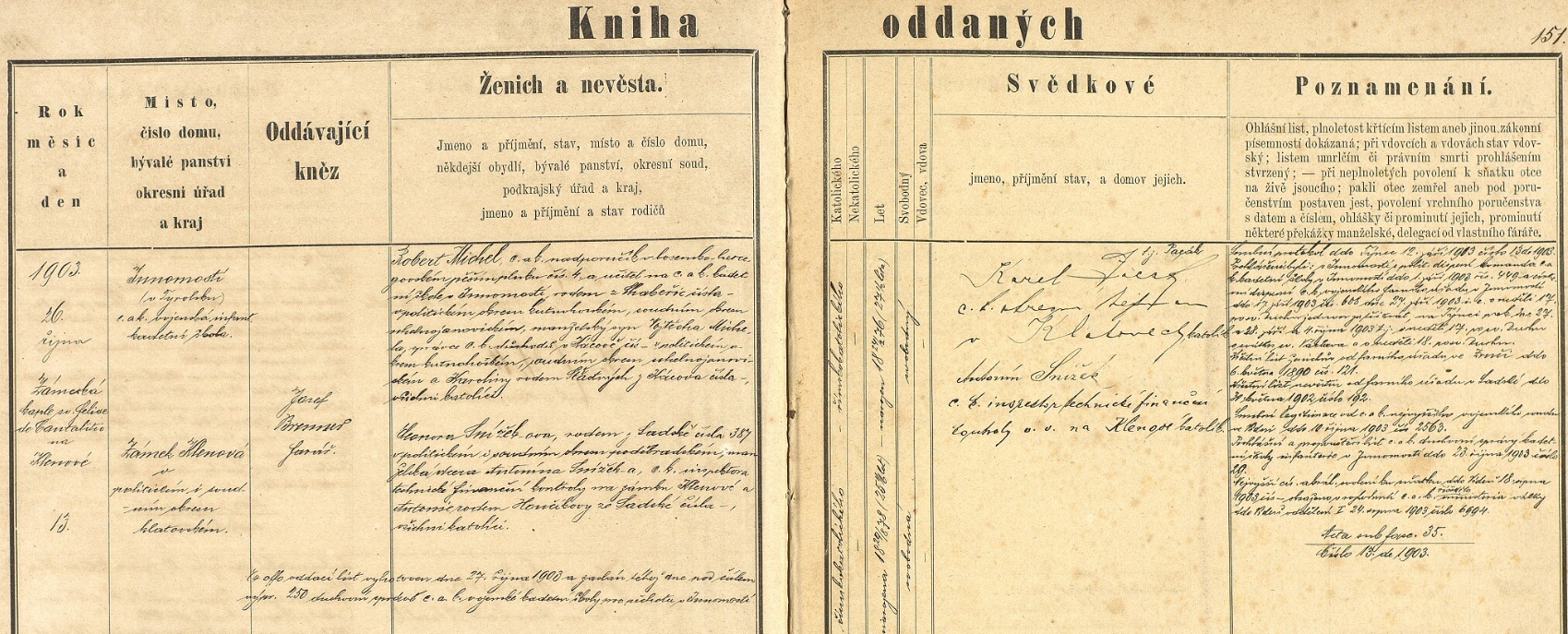 Záznam o jeho první svatbě v týnecké oddací matrice - obřad proběhl v zámecké kapli sv. Felixe v Klenové
