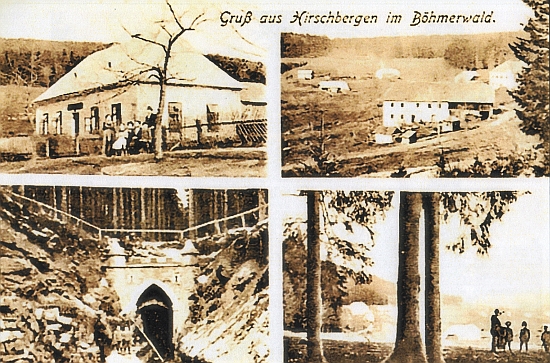Dělená pohlednice Hiršperků z roku 1911 zachycuje i místní školu