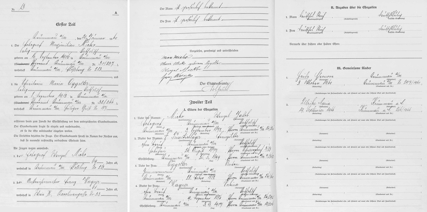 Záznam českokrumlovské stavovské matriky o otcově zdejší svatbě v lednu roku 1940