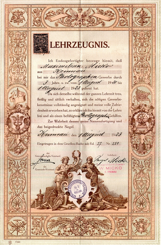 Výuční list Maximilianu Mickovi 1. srpna 1923 podepsal jeho otec Wenzel Micko
