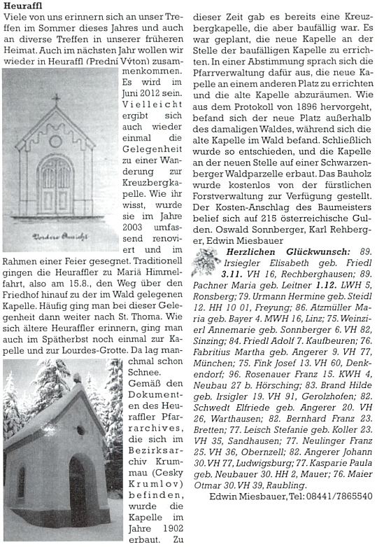 Jeho příspěvek o "Kreuzbergkapelle" na stránkách krajanského měsíčníku