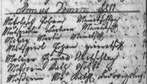 Index malontské matriky, kde Johann Mikolasch figuruje ve výčtu narozených Léta Páně 1811 na prvém místě