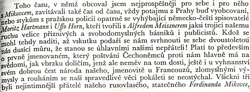 Pasáž z pamětí Josefa Václava Friče připomíná autorovy styky s Mikovcem, Alfredem Meissnerem i Moritzem Hartmannem