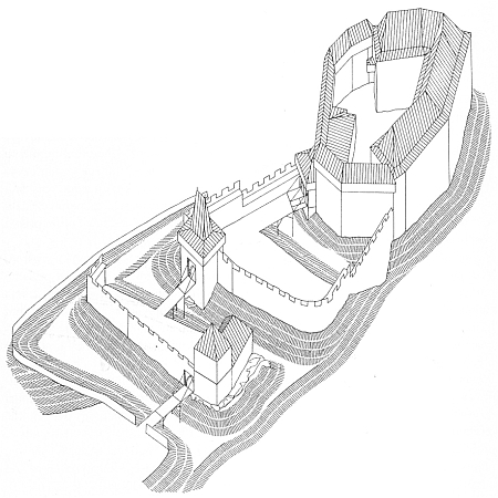 Hmotová rekonstrukce hradu Pořešín, jak vyhlížel někdy počátkem 15. století,
zakreslena není zástavba obou předhradí
