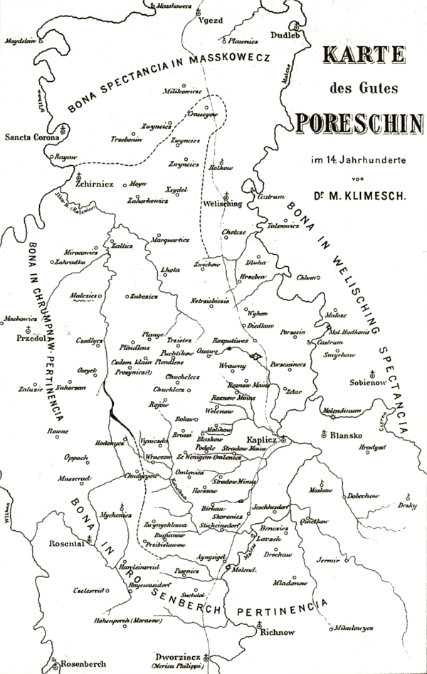 Mapa panství Pořešín ve 14. století, jejímž autorem je Johann Matthäus Klimesch