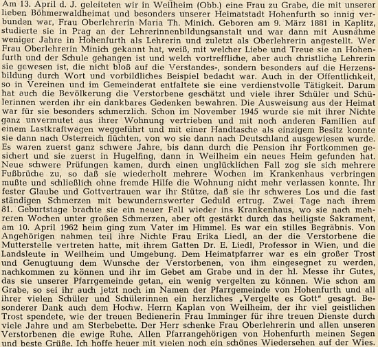 Zpráva o jejím úmrtí s vysvětlením vztahu zemřelé k Erice Liedlové, které jako její teta nahrazovala matku a byla už v listopadu 1945 vyhnána spolu s ní