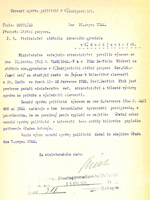 Dokument o přiznání státní podpory na jeho studijní cestu do Švýcarska v roce 1922