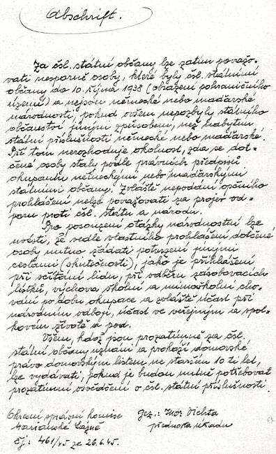 Jeho opis zásad pro posuzování státního občanství z 26. června 1945, vydaných Okresní správní komisí v Mariánských Lázních