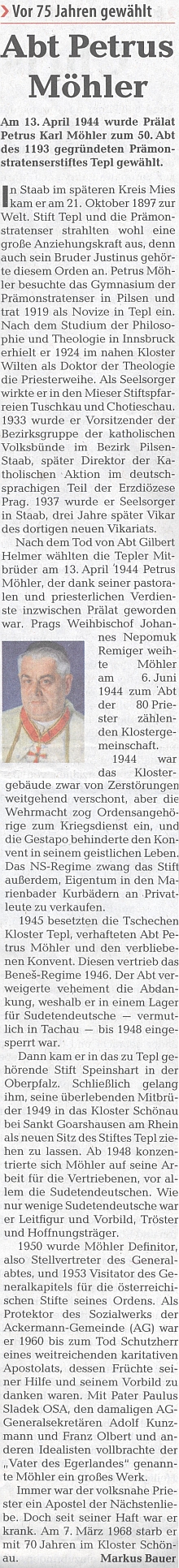 Vzpomínka ústředniho krajanského listu na Möhlerovo zvolení 50. opatem tepelského kláštera v roce 1944