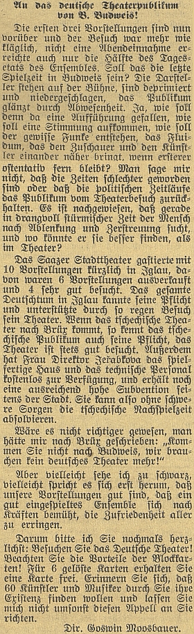 Jeho výzva německému divadelnímu publiku v Českých Budějovicích z dubna 1938