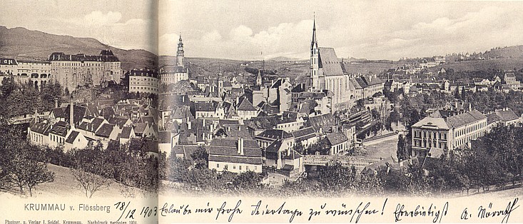 Tady jsou dva pohledy na Krumlov s jeho přípisy, druhý pohled je od firmy Josef Seidel