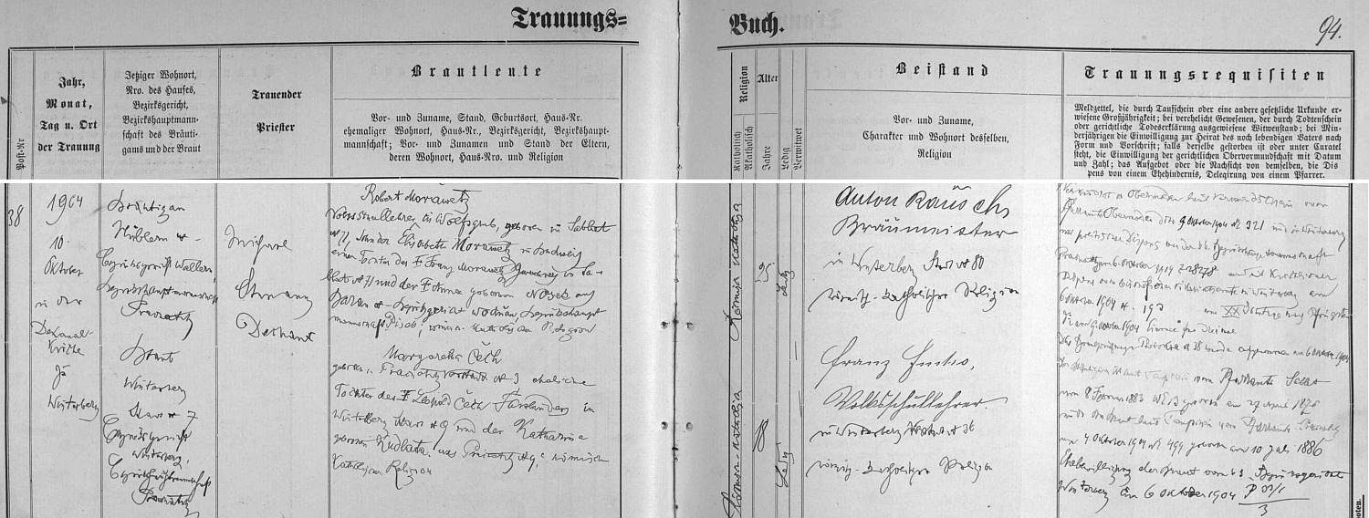 Záznam o svatbě ve vimperské knize oddaných