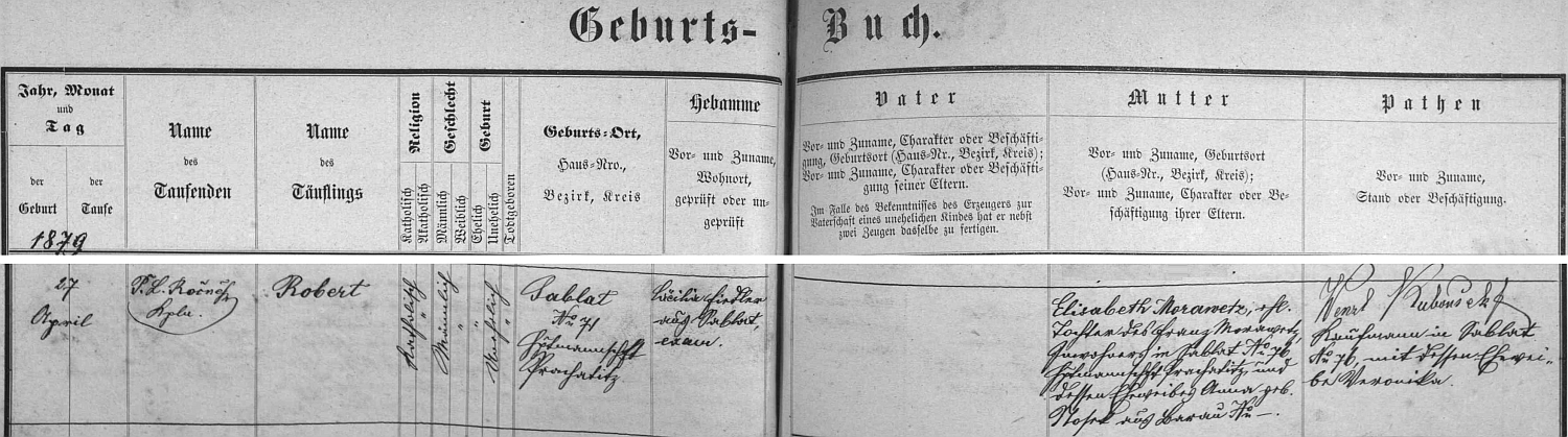 Záznam o jeho narození v záblatské křestní matrice