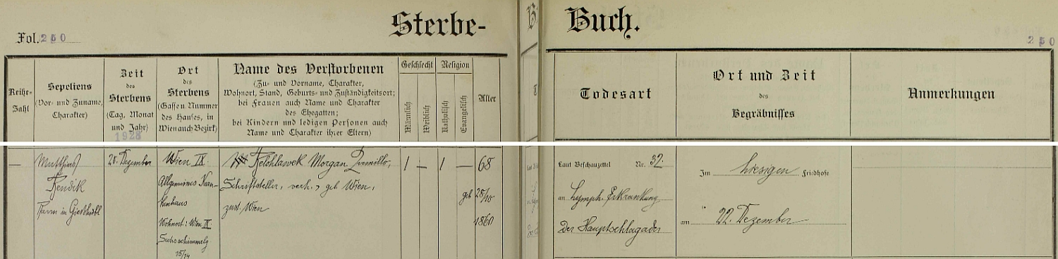 Záznam o jeho úmrtí v matrice farnosti Hinterbrühl