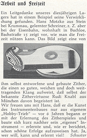O jeho citeře na stránkách přílohy měsíčníku "Hoam!" nazvané "Der Wanderstecken", kterou vedl pod textem podepsaný Gustav Schuster