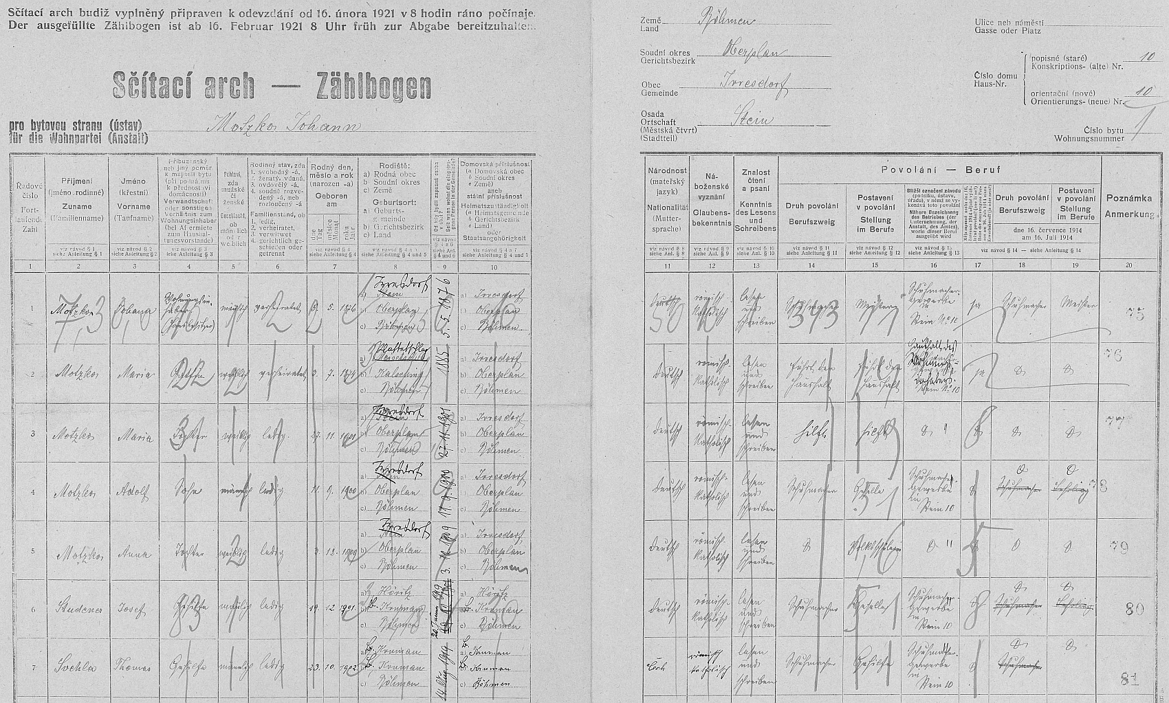 Arch sčítání lidu z roku 1921 pro stavení čp. 10 v Polné na Šumavě s rodinou Motzkových v době, kdy ještě nebyl na světě