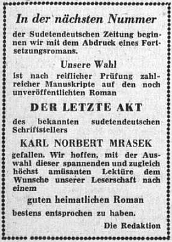 Takto inzeroval ústřední list vyhnaných krajanů v říjnu 1953 jeho román na pokračování z dosud netištěného rukopisu