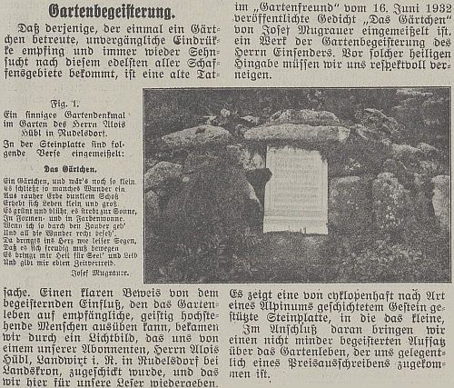 Zajímavý článek lze nalézt v zahrádkářském časopise "Gartenfreund", který vycházel v Českých Budějovicích - jeho báseň "Zahrádka" na "zahradním památníku" v Rudolticích ve východních Čechách nás ale k možnému místu a roku jeho narození nepřibližuje