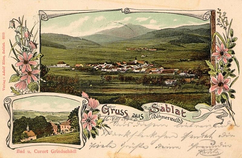 Stará pohlednice ze Záblatí i s dobrovodskými lázněmi