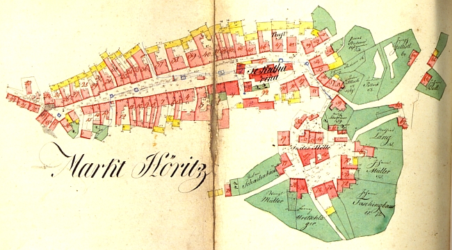 Indikační skica stabilního katastru zachycuje městečko Hořice ve dvacátých letech 19. století