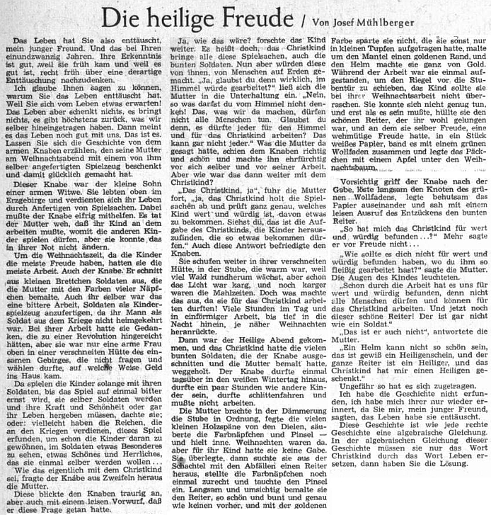 Jeho útěšná vánoční povídka, obracející se k mladým lidem, zklamaným životem, zdobila roku 1952 sváteční číslo Sudetendeutsche Zeitung