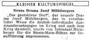 Zpráva o premiéře jeho hry "Uloupená ves" na stránkách Sudetendeutsche Zeitung z ledna 1955