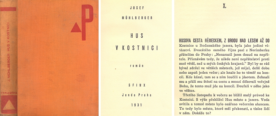 Vazba (1931), titulní list a začátek X. kapitoly českého překladu jeho románu o Husovi v nakladatelství Sfinx - Bohumil Janda, zde i se "šumavskou" scenerií "Brodu nad Lesem" (tj. Furth im Wald)