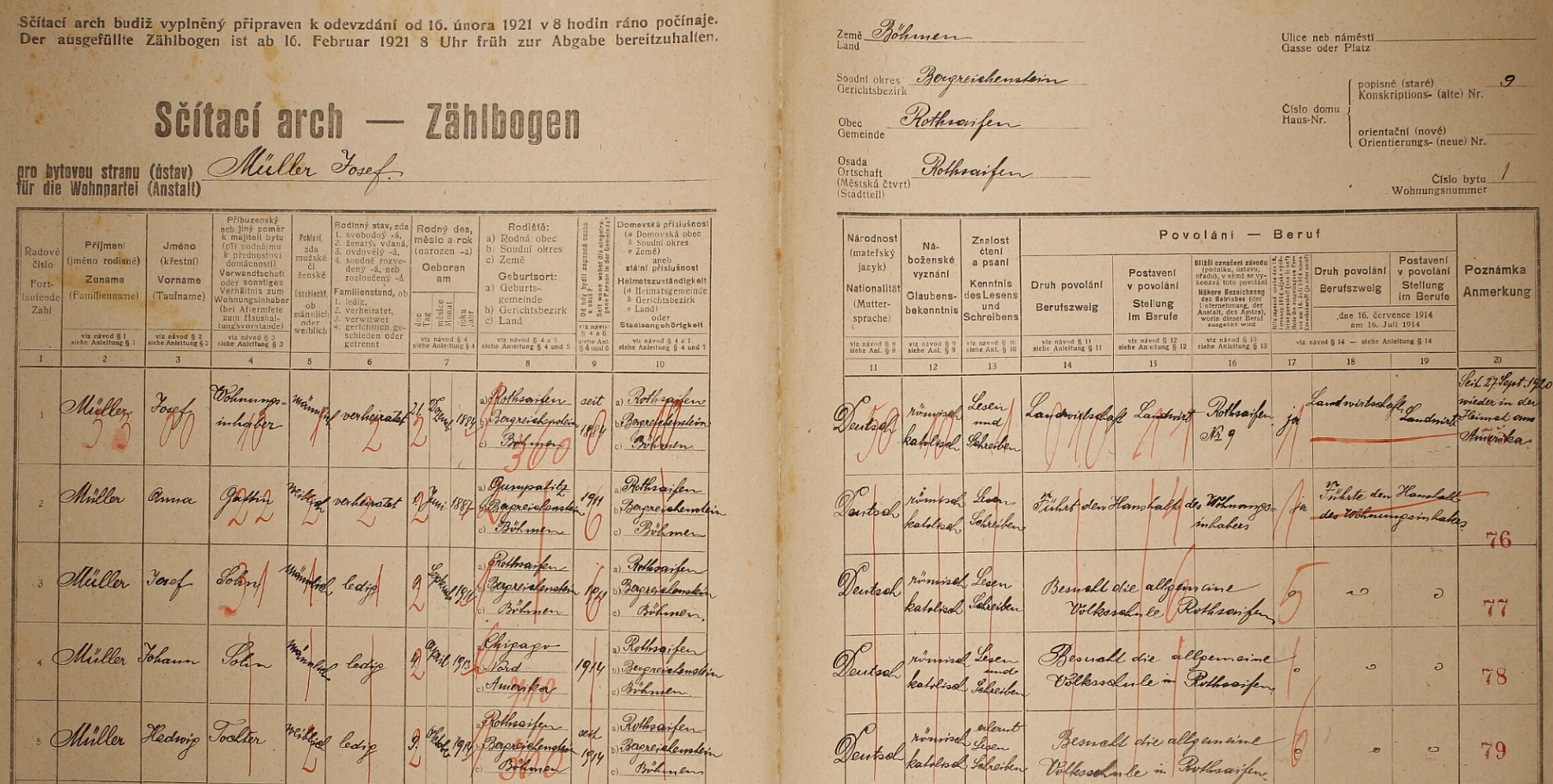 Arch sčítání lidu z roku 1921 pro stavení čp. 9 v Červené