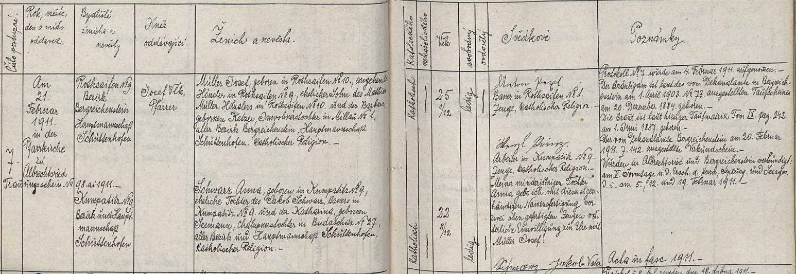 Záznam o svatbě rodičů v albrechtické oddací matrice