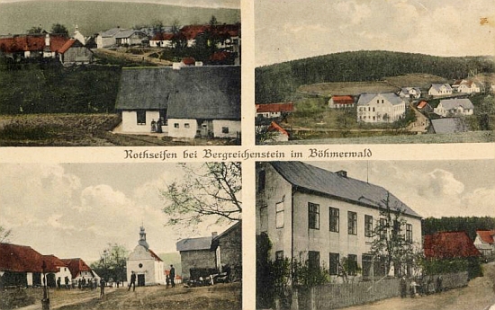 Na složené pohlednici Červené je dům čp. 9 zachycen vlevo dole