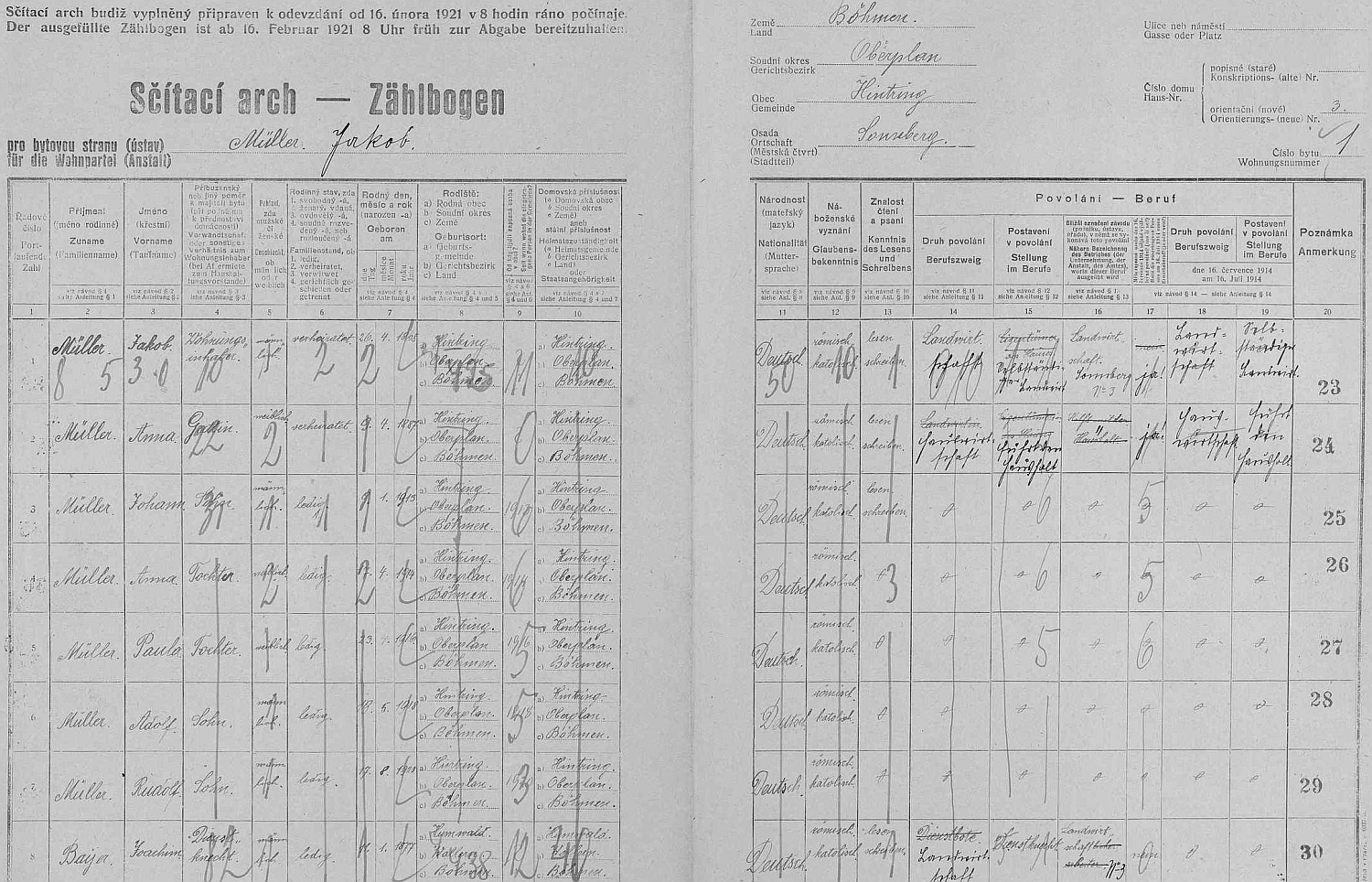 Arch sčítání lidu z roku 1921 pro dům čp. 3 ve Slunečné