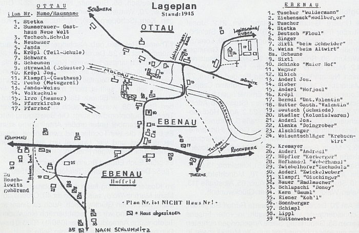 Plánek Zátoně a Zátoňských Dvorů se jmény vlastníků v roce 1945, jak ho nakreslil více než padesát letech po odsunu Herbert Erbs