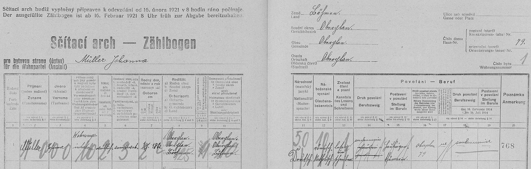 Arch sčítání lidu z roku 1921 pro hornoplánský dům čp. 79, kde žila