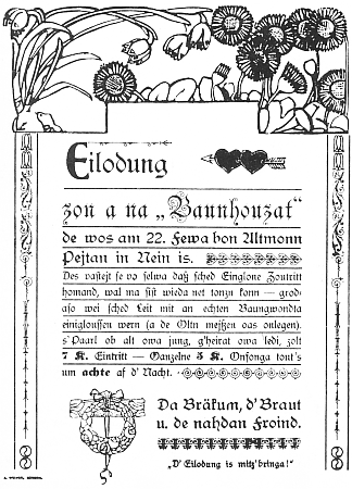 Secesní pozvánka na selskou svatbu v Nýrsku,
inscenovanou tam Multererem 22. února 1919