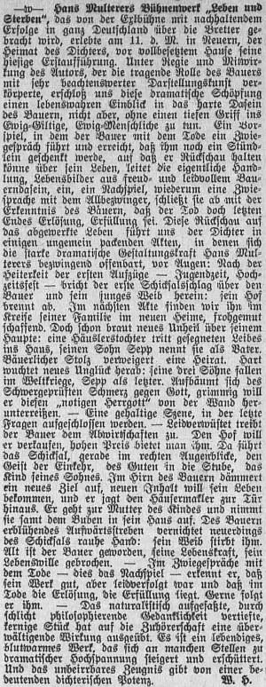 Obsah této hry v referátu listu "Westböhmische Tageszeitung" je posepsán šifrou W.H. (zřejmě jde o Willibalda Herziga)
