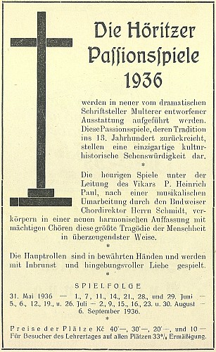 Leták a inzerát k Hořickým pašijovým hrám 1936 v režii a výpravě Multererově