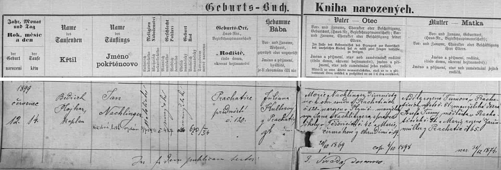 Podle česky psaného záznamu v prachatické Knize narozených spatřil světlo světa na předměstí dne 12. července roku 1899 v rodině v rodině Morice Nachlingera, diurnisty zdejšího c.k. okresního soudu (narozenému v Plzni správci školy v Těšovicích Janu Nachlingerovi a jeho ženě Marii, roz. Čermákové, z Chrudimi) a jeho manželky Adély, roz. Tumové, dcery Josefa Tumy a jeho ženy Marie, rozené Zaunmüllerové, obou z Prachatic