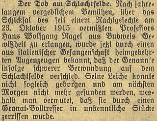 Až po válce byla potvrzena smrt jeho syna Hanse Wolfganga roku 1915 na italské frontě