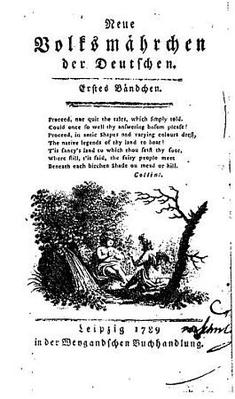 Titulní list (1789) prvního svazku jejího souboru Neue Volksmärchen der Deutschen, kam zařazovala i texty s českými historickými náměty (znala zřejmě právě rožmberské pověsti)