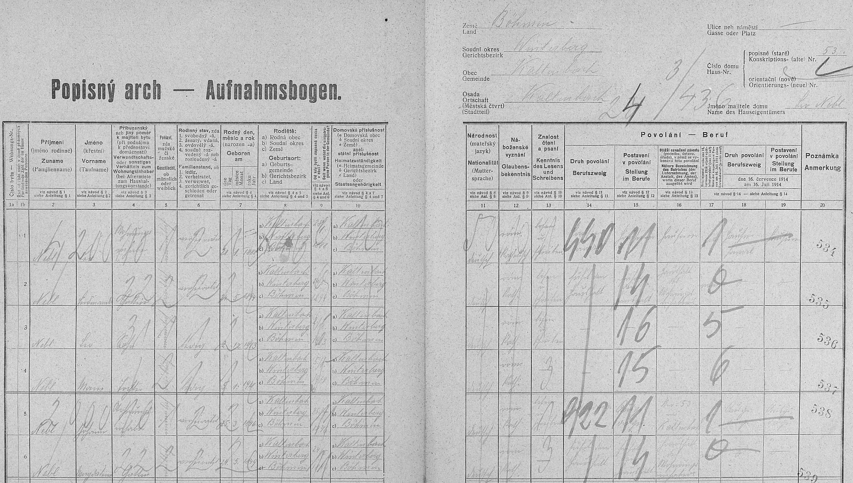 Arch sčítání lidu z roku 1921 pro stavení čp. 53 v Kaltenbachu (v dnešních Nových Hutích má to číslo popisné penzion Tetřívek), kde žil, tehdy devítiletý, se svou tehdy tříletou sestrou Marií (*5. ledna 1918), rodiči a prarodiči z otcovy strany (byli to otec Leo /*28. ledna 1888/, matka Ferdinanda /*24. května 1894/, děd Johann /*25. března 1846/ a babička Magdalena /*15. února 1849/, podle tohoto dokumentu bez výjimky zdejší rodáci)